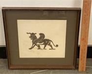 VINTAGE PRINT DRAWING WINGED LION GARGOYLE
