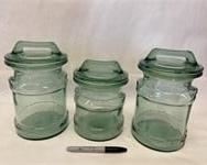 3 HEAVY GREEN GLASS CANISTERS
