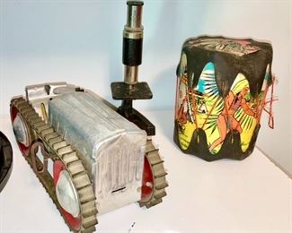 Tin wind up tractor w/ tracks, vintage microscope, vintage drum