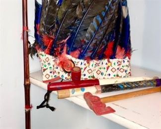 Vintage Native American child's play arrow, feather head dress, toys