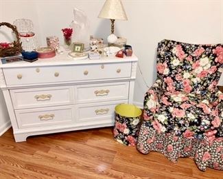 White painted chest of drawers, covered chair w/ matching waste basket, misc.