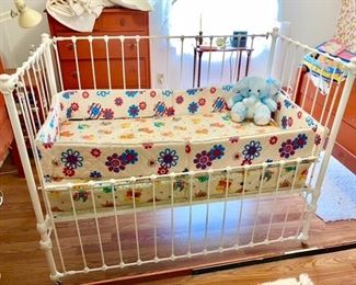 Vintage iron crib w/ drop down side, vintage crib mattress & bumper pads, could be repurposed into a day bed (4 separate sides)