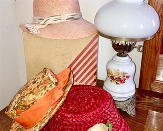 Vintage hats, dresser lamp