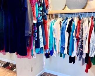 Modern clothing, vintage & modern shoes, vintage round overnight suit cases
