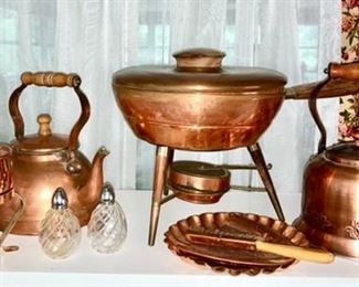 Copper teapots, warmers, etc.