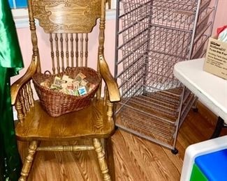 Pressed back rocking chair, vintage blocks, storage/craft stand