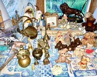 Brass collectibles, bear collectibles, lion pen holder, etc.