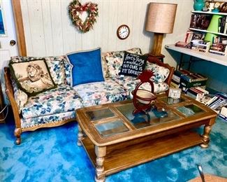 Vintage oak sofa (matches chair), wooden lamp, coffee table, many books, etc