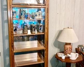 Oak curio, end tables, beer steins
