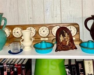 Teal vase (1 handle is broke/repaired), musc pottery, candle sticks, books