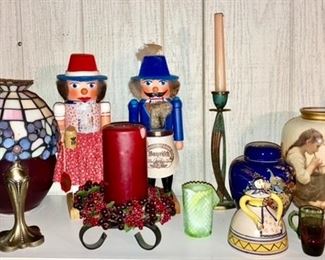 Small desk stained glass lamp, nut cracker couple, misc collectibles 