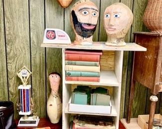 Vintage 1970's binder, trophy, hand crafted repurposed bowling pin, hand crafted heads, vintage books, etc.