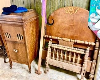 Twin size bed, Toddler wooden bed (Jenny Lind style), Edison cabinet only in fair shape, missing insides