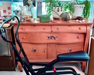 Exercise machine, vintage painted buffet, etc.