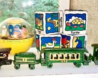Fisher Price vintage toy, cloth blocks, reproduction cast iron 4 piece train set