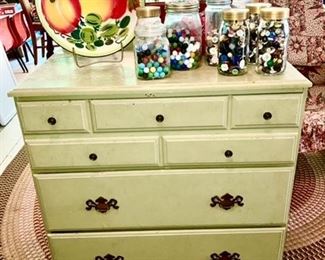 Painted 3 drawer chest, enamel fruit bowl, marbles, buttons
