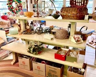 Vintage heavy wooden picnic/harvest table w/ 2 heavy benches, wine racks, woven picnic basket, set of ceramic bowls, vintage snack sets, flower vases, etc.
