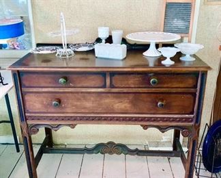 Vintage wooden buffet/chest, milk glass cake stand, etc., metal folding tidbid tray