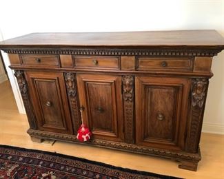 $600.00................Credenza, Circa 1920’s.  Belonged to Piero’s grandparents when they lived in Venice, Italy. 
Measures: 65”L x 20”W x 40”H
Front left foot was damaged by water back in Venice.