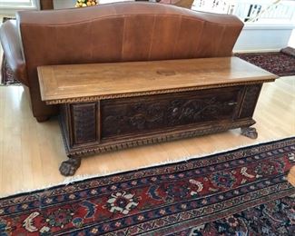 $400.00..................Trunk with Dragon Feet Circa 1920’s.  Belonged to Piero grandparents when they lived in Venice, Italy
Measures: 68”L x 20”W x 21.5”H
There is what looks like an old water mark at the center of the top. 