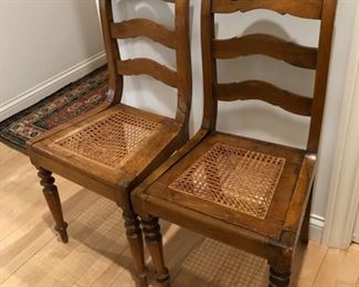 REDUCED!  $33.75 NOW, WAS $45.00.....................Pair of Cane Seat Chairs: Last 2 remaining from a set of 4 that belonged to Piero’s grandparents. 
16”3/4”L x 14.5”W x 35.5”H (seat is 17.5”H)
The cane webbing top of one of the chairs is damaged near the center. 