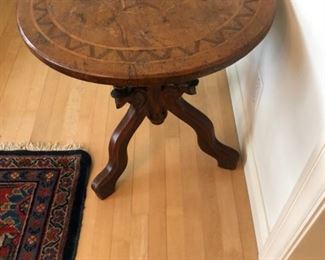 CLEARANCE !  $250.00 NOW, WAS $600.00................Three-Legged “Spiritic” Table.  Belonged to Piero’s great-great-uncle, who was an architect and artist in Venice in the early 1920’s. 
Measures: 23”L diameter, 25”H
One small piece missing from the wood inlay on the top. 