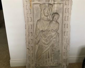 HALF OFF!  $300.00 NOW, WAS $600.00 ..................Virgin Mary with Child.  This is a plaster low-relief (bassorilievo) from the Studio of Lorenzo Rinaldo, architect and maestro in Venice in the late 1800s-early 1900’s. 
21”L x 1”W x 37”H