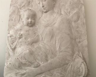 REDUCED!  $450.00 NOW, WAS $600.00 ..................Virgin Mary with Child.  This is a plaster low-relief (basso rilievo) from the Studio of Lorenzo Rinaldo, architect and maestro in Venice in the late 1800s-early 1900’s. 
22.5”L x 1”W x 33”H
Lower edge is damaged near the right corner *see photo. 
