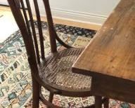 HALF OFF!  $12.50 NOW, WAS $25.00...................Round Seat Chair: Last of four chairs that were used to sit at Grazia’s grandfather’s table in Italy.
Seat diameter is 16.5”L
Chair is 35”H, seat is 19”H 
The cane webbing top of the chair is damaged in one spot on near the edge.