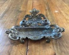 REDUCED!  $112.50 NOW, WAS $150.00................Brass Fountain Pen Holder with Double Inkwell and Letter Knife.  Was a gift to Piero from his mother who found it at an antiques market in Venice. 