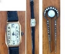 $16.00.................Vintage Lady’s Watch & Hair Pin Lot.  Belonged to Grazia’s maternal grandmother. Watch not working, three crystals missing from pin. 
Watch is 6/4”L x 1”H
Pin is 1”1/4 L x 3.5”H