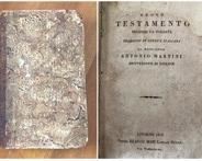 CLEARANCE !  $15.00 NOW, WAS $50.00...............New Testament: Translated into Italian from The Vulgata by the Archbishop of Florence. Published in 1818 in Livorno, Italy. The corners of the hard cover are damaged, the interior of the book is intact.
