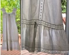 REDUCED! $37.50 NOW, WAS $50.00................Sleeveless gown, #2
Original silk ribbon still present at bottom and top of gown but very fragile and discolored. A new ribbon could be easily put back in place.
