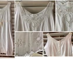 REDUCED!  $22.50 NOW, WAS $30.00.................Embroidered sleeveless gown, #5
Embroidery is called “Sfilato Siciliano” Original mother of pearl buttons on shoulder straps &  back.
