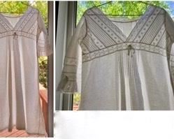 REDUCED!  $30.00 NOW, WAS $40.00..................Long sleeve gown, #7
Original silk ribbon runs around  top of gown and around the sleves, very fragile and discolored. New ribbon could be easily put back in place.
