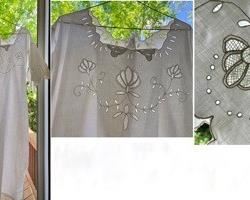 $40.00....................Embroidered 3/4 sleeve gown, #8
Originally a silk ribbon run around the collar of the gown securing the top on the shoulders. This kind of hand embroidery is called “Sfilato Siciliano”. 
