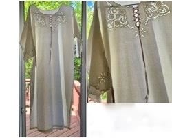 REDUCED!  $30.00 NOW, WAS $40.00...................Long sleeve gown, #10
This kind of hand embroidery is called “Sfilato Siciliano”
Original silk ribbon on front of gown and around the sleeves, very fragile and discolored, new ribbon could be easily put back in place.
