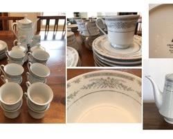 CLEARANCE !  $40.00 NOW, WAS $100.00.....................Crown Ming, China Set. Piero and Grazia purchased this set (actually 2 identical sets) at Macy’s in New Haven CT in 1989. We have lost a few pieces: the current set includes 22 dinner plates, 23 salad plates, 23 soup bowls, 2 oval serving dishes, 2 round serving bowls, 13 coffee cups, 18 saucers, 1 coffee pot, 2 cream pitchers, and 2 sugar bowls.