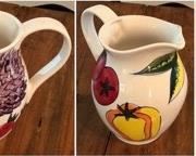 $10.00...................Hand Painted Italian Caraf,  8.5”L x 8”H; max circumference is 20”
It is slightly chipped in one spot at the bottom