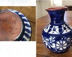 $10.00....................Small Vase from Portugal, Was a gift from one of Grazia’s colleagues, who is from Portugal
Longest circumference is 4”, opening at the top is 2”, height is  5”