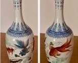 HALF OFF!  $20.00 NOW, WAS $40.00....................Delicate Vase from China, Colorful marine life design
Max circumference is about 4”, top opening is 2.5”, height is 12” (1 vase) pictured front and back 
