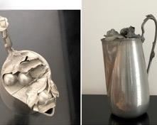 $25.00......................Pewter Carafe with Cherries and Leaves From Italy, early 1980s 7”L x 5”W x 11.5”
The bottom has two shallow dents