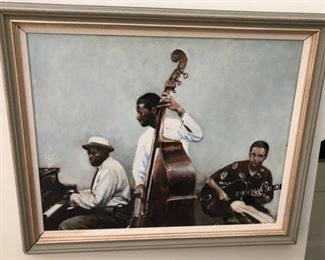 HALF OFF!  $100.00 NOW, WAS $200.00.................Jazz in NYC
Circa 1987 We purchased this painting on a street in Manhattan during a trip with the kids to New York City shortly after we arrived in the US
23”L x 19”H