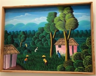 $100.00.................Farmers in the Field Folk art piece purchased during a family trip to the Caribbeans, circa 2000
16”1/4”L x 12”1/4”H