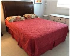 CLEARANCE !  $75.00 NOW, WAS $200.00.................Queen Bed, Tall Wood headboard is from Crate & Barrell 
63”L x 4”W x 55”H
Bed includes metal frame, box and mattress