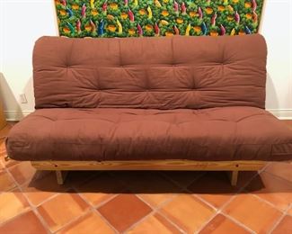 CLEARANCE !    $25.00 NOW, WAS $80.00...................Queen Futon Bed and Mattress Purchased in 2009 from Northern Naturals, which was a small company in Vermont specialized in making wood platform beds
Futon frame is made of Southern Yellow Pine. It is 80”L x 50”W x 36”H. It has wheels in the back and very easy to move, open or close