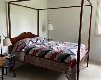 CLEARANCE!!  $150.00 NOW, WAS $400.00................Amish Full Size Canopy Bed with Quilt.   We bought bed and quilt for our daughter in 1989, in Connecticut at an Amish store. The bed is full-size and the frame on top of the bed is 80.5”H
Bed came with a cotton canopy that fits on top of the frame (shown folded below). The hand-made quilt is Full-size; its bottom part is slightly discolored due to exposure to sun light through the window. 