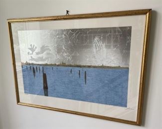 CLEARANCE !  $50.00 NOW, WAS $150.00....................Venice Laguna with City Skyline Print, Clouds form praying hands in the Venice sky
Cannot decipher Artists’s signature
A gift from Piero’s parents circa 1983
28”3/4”L x 21”H
46/80
