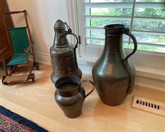 CLEARANCE !  $75.00 NOW, WAS $200.00...................Set of 3 Copper Carafes from Morocco Dimensions from left to right: 8.5”L x 9”H, 9”L x 20”H, 10”L x 19”H
