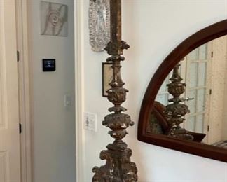 CLEARANCE !  $50.00 NOW, WAS $150.00.................Antique Crucifix with Dragon-Feet Pedestal.  This is a piece from the Studio of Lorenzo Rinaldo, architect and maestro in Venice in the late 1800’s early 1900’s. 
15.5”L x 47”H
The Crucifix is made of wood and so are its decorations.
We have saved pieces of the decorations that could be re-attached to the Crucifix. The pedestal is stained plaster. The plaster is very fragile and the stain has come off in many spots.